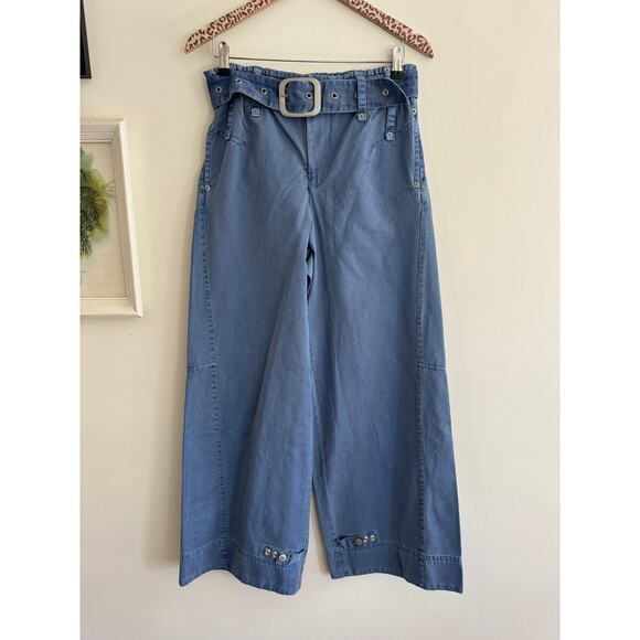 FREE PEOPLE Sloane Belted Blue Wide Leg Pants Size Small - Picture 2 of 9